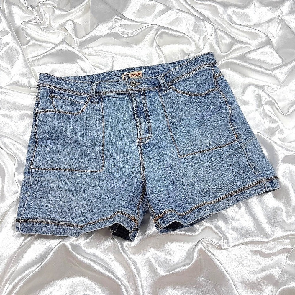 y2k Faded Glory Denim Shorts Blue Stretch Patch Pockets Size 14